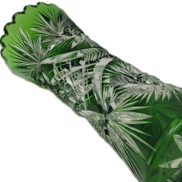 Vintage German Emerald Green Cut-to-Clear Crystal Tapered Vase | 1950s-60s - Picture 6 of 8